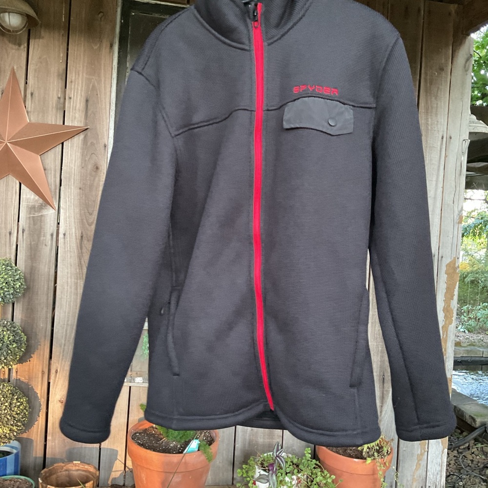 Spyder Men’s Black Waffle Knit Sherpa Lined Full Zip Jacket Red Accents Size S